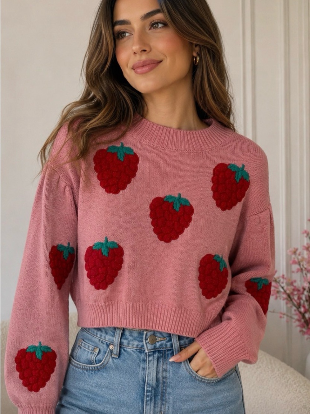 SHEIN Pink Crewneck Sweater with Red Strawberry Motifs